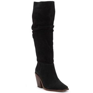 NEW Vince Camuto Alimber Suede Scrunch Tall Western Boots, Black Suede, Size 6